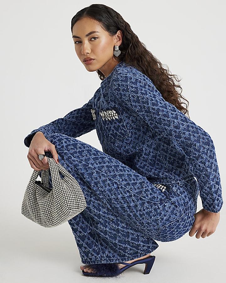 River Island Blue Boucle Embellished Straight Leg Jeans