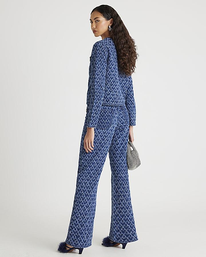 River Island Blue Boucle Embellished Straight Leg Jeans