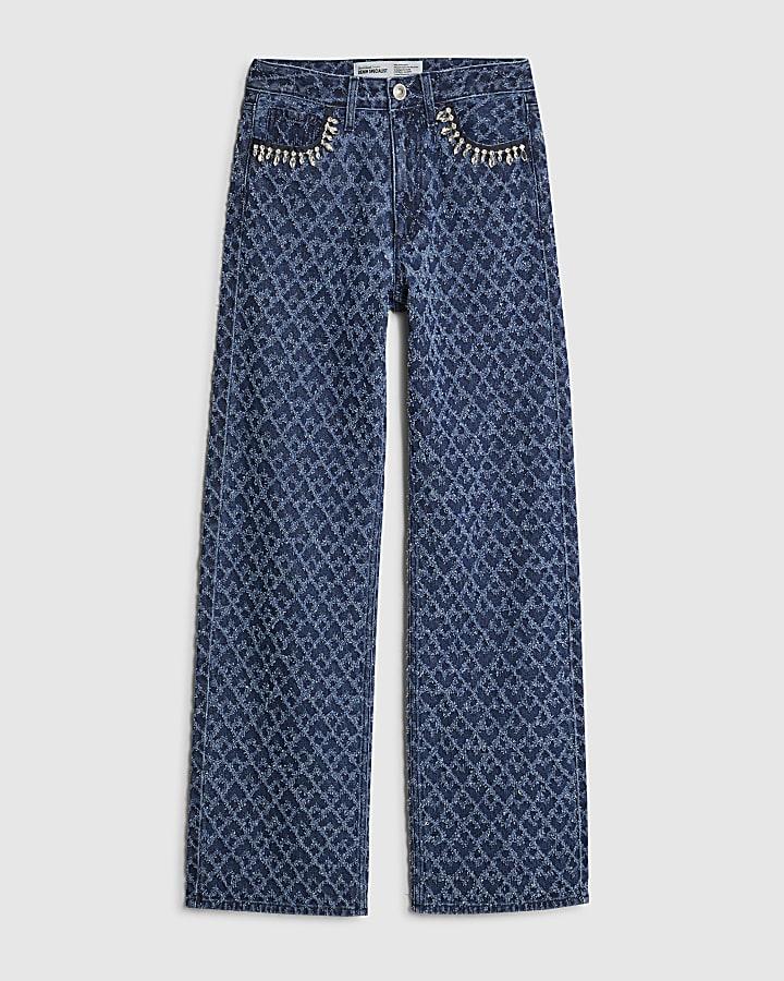 river island Blue Boucle Embellished Straight Leg Jeans