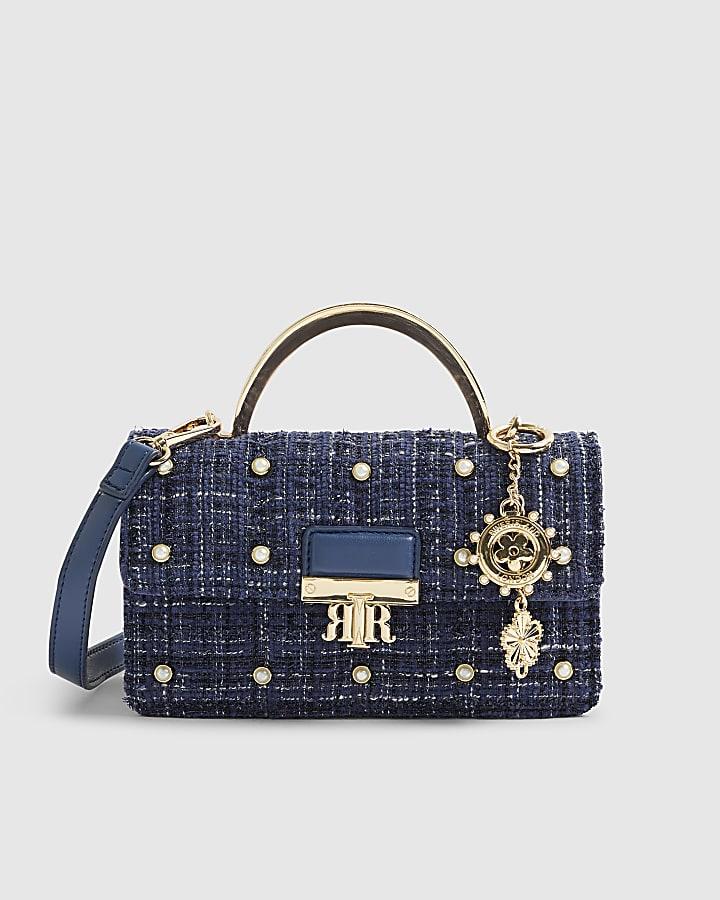 River Island Blue Boucle Metal Handle Quilted Tote Bag