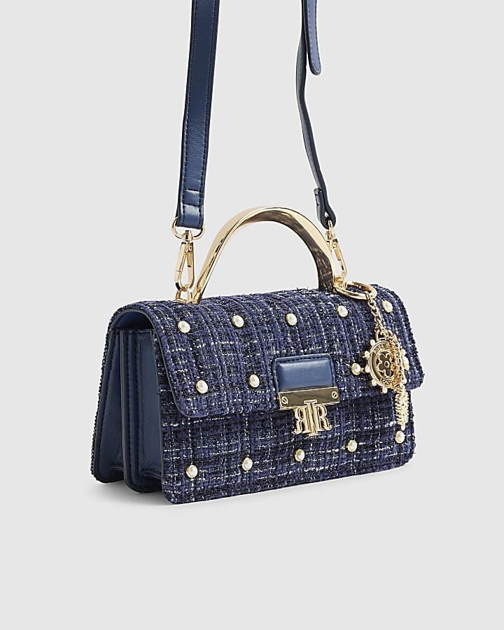 River Island Blue Boucle Metal Handle Quilted Tote Bag