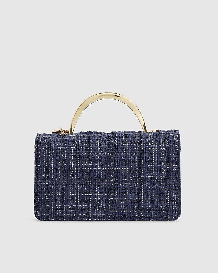 River Island Blue Boucle Metal Handle Quilted Tote Bag
