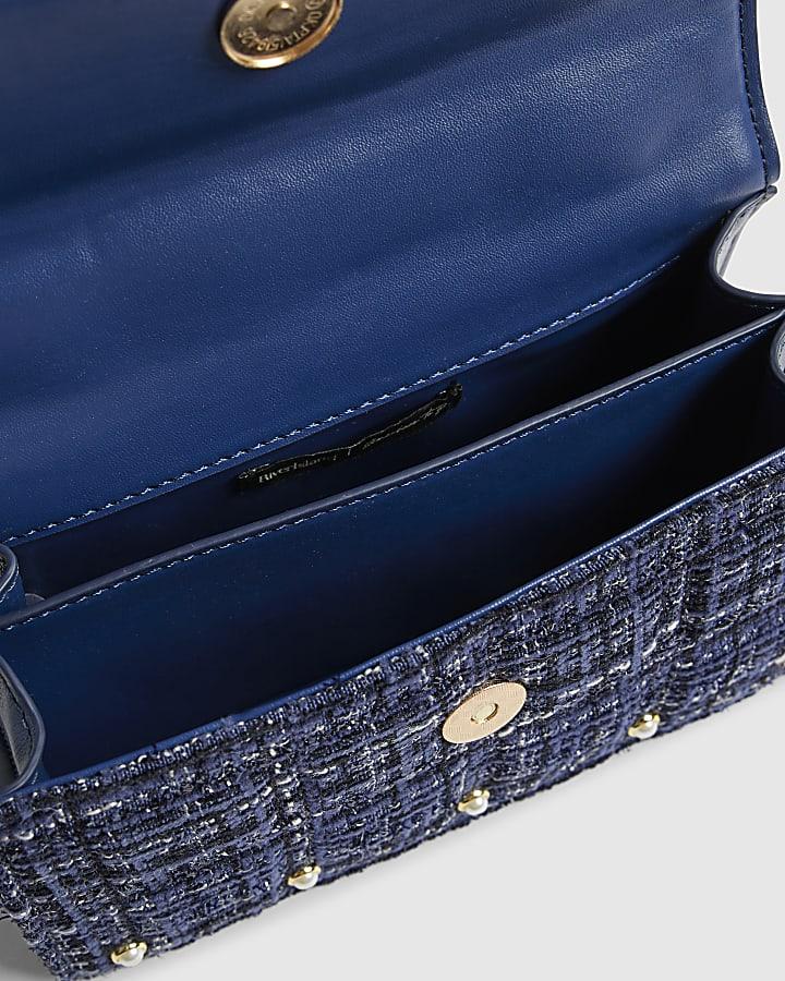 river island Blue Boucle Metal Handle Quilted Tote Bag