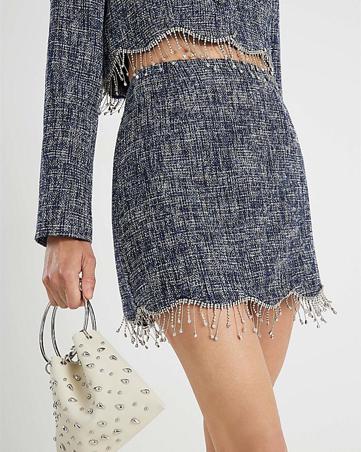 River Island Blue Boucle Scallop Trim Diamante Mini Skirt