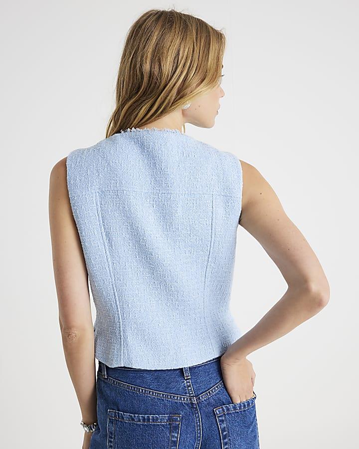 River Island Blue Boucle Sleeveless Fringed Waistcoat