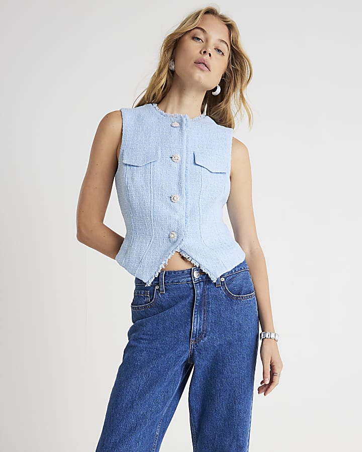 River Island Blue Boucle Sleeveless Fringed Waistcoat