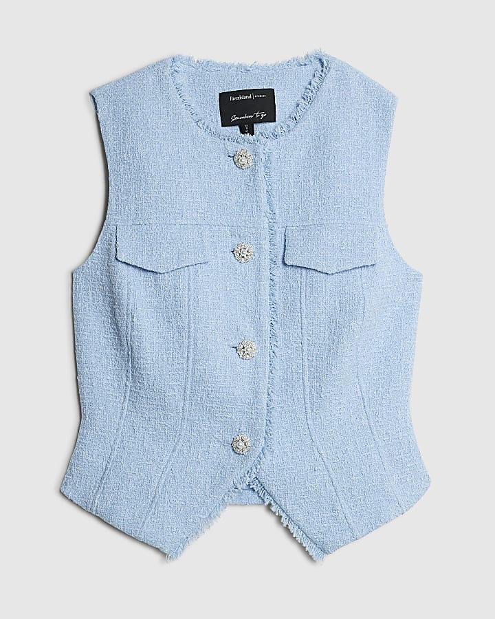 river island Blue Boucle Sleeveless Fringed Waistcoat