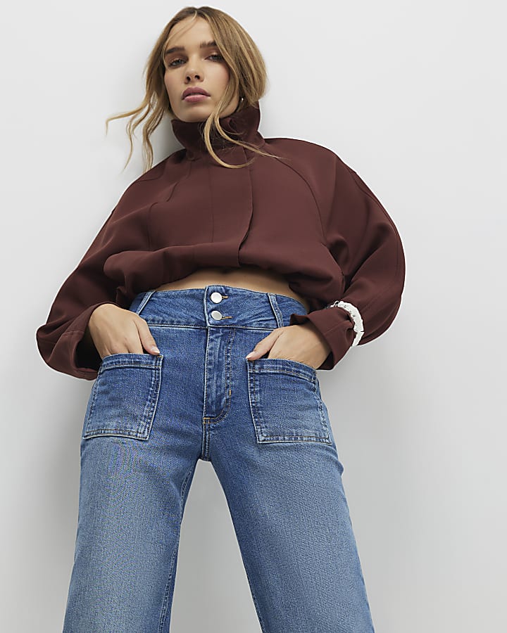 River Island Blue Button Detail Pocket Front Flared Jeans