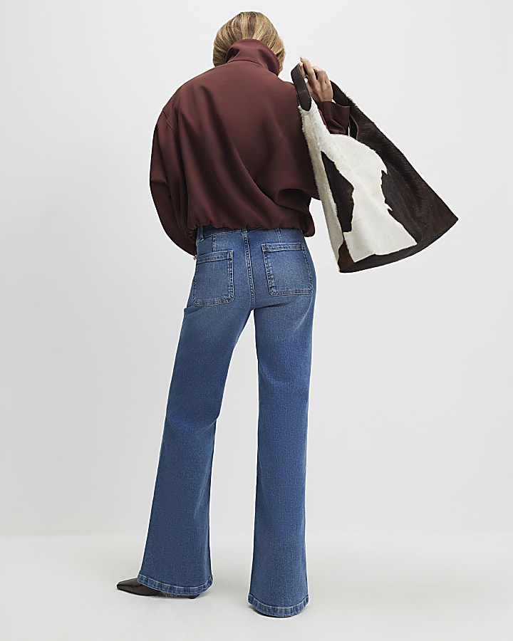 River Island Blue Button Detail Pocket Front Flared Jeans