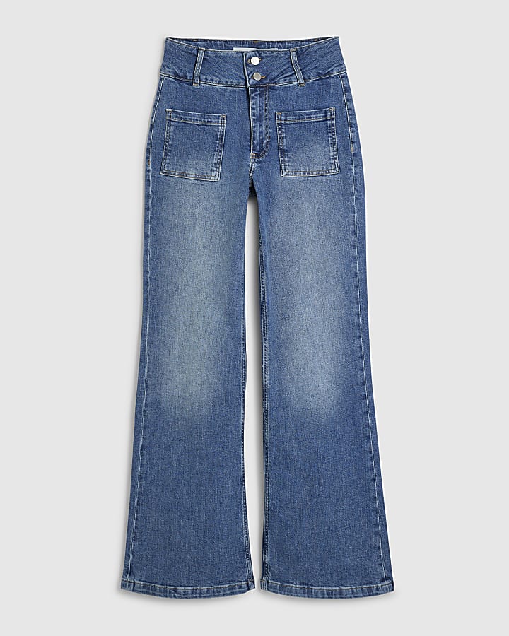 river island Blue Button Detail Pocket Front Flared Jeans
