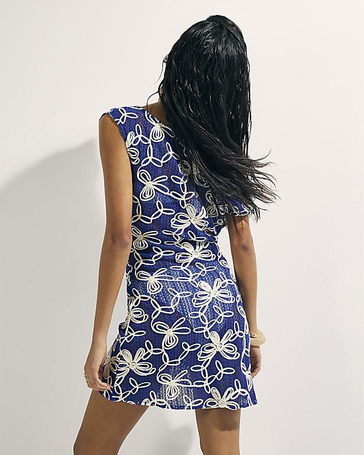 River Island Blue Cornelli Crochet Mini Beach Dress