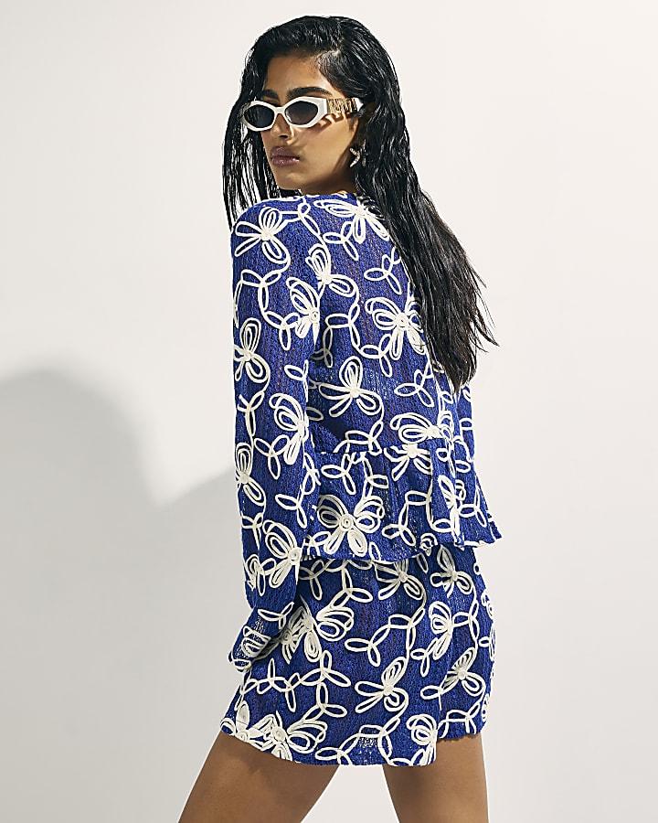 River Island Blue Cornelli Embroidered Beach Shorts