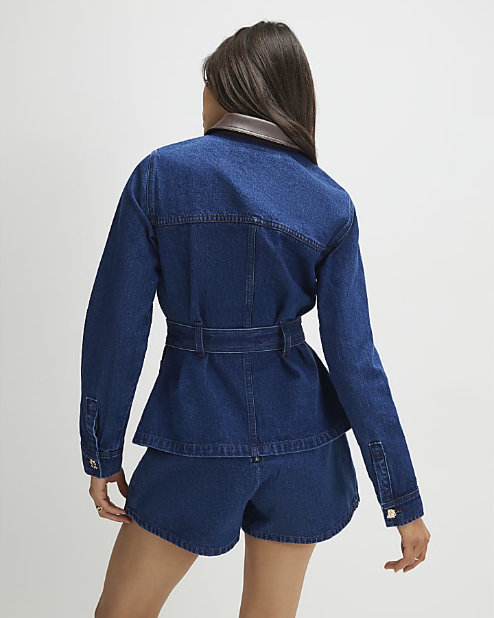 River Island Blue Denim Faux Leather Collar Belted Jacket