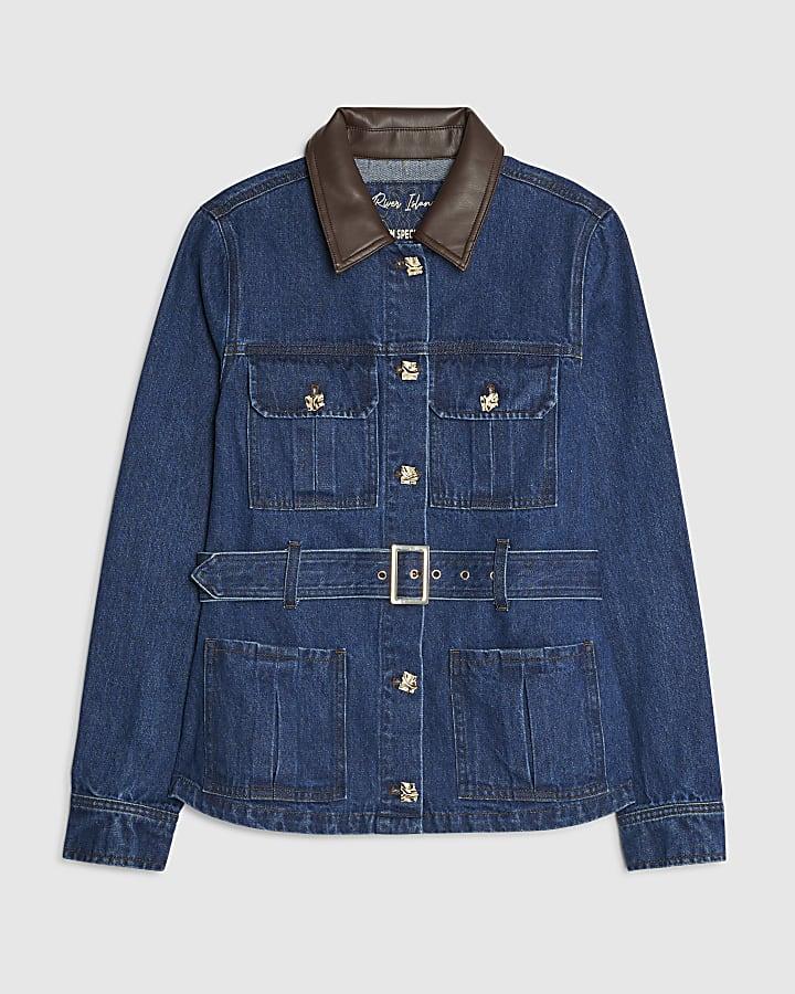 river island Blue Denim Faux Leather Collar Belted Jacket