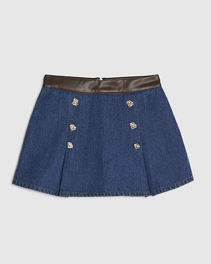 river island Blue Denim Faux Leather Pleated Mini Skort