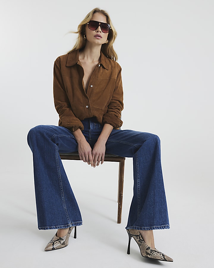 River Island Blue Denim High Rise Relaxed Flare Jeans