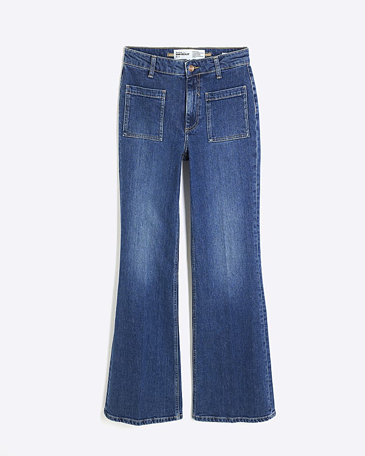 river island Blue Denim High Rise Relaxed Flare Jeans