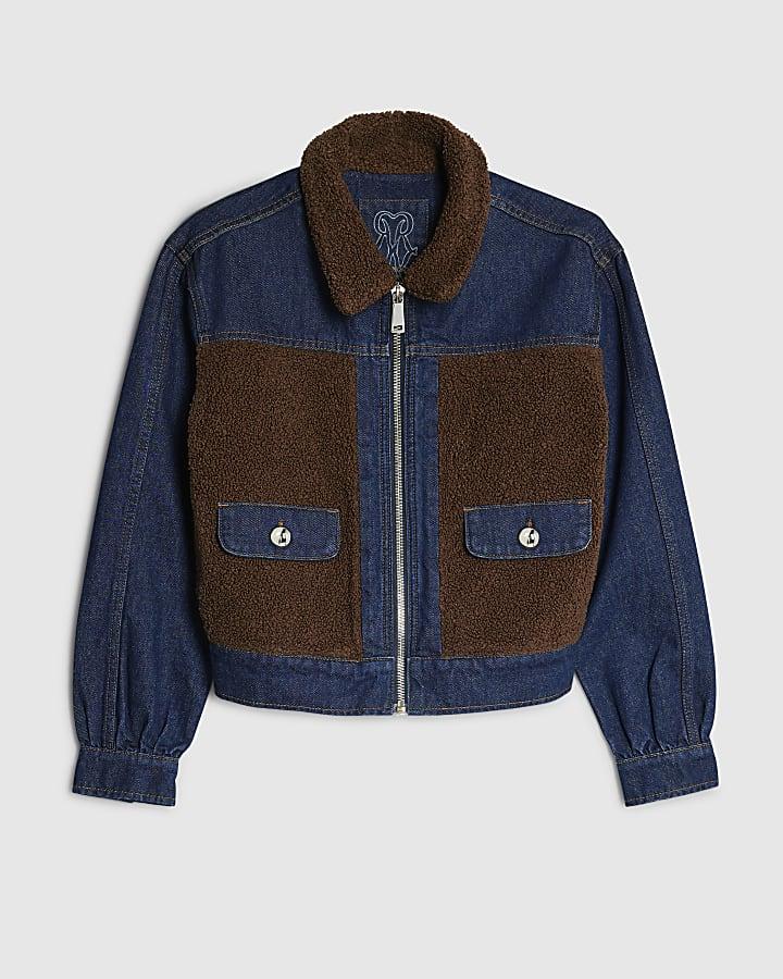 river island Blue Denim Long Sleeve Borg Panel Jacket
