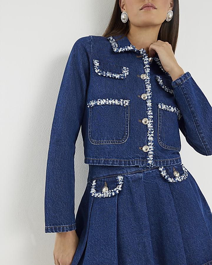 River Island Blue Denim Long Sleeve Boucle Trim Jacket