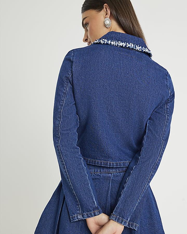 River Island Blue Denim Long Sleeve Boucle Trim Jacket