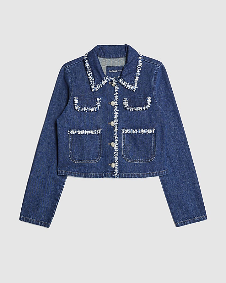 river island Blue Denim Long Sleeve Boucle Trim Jacket