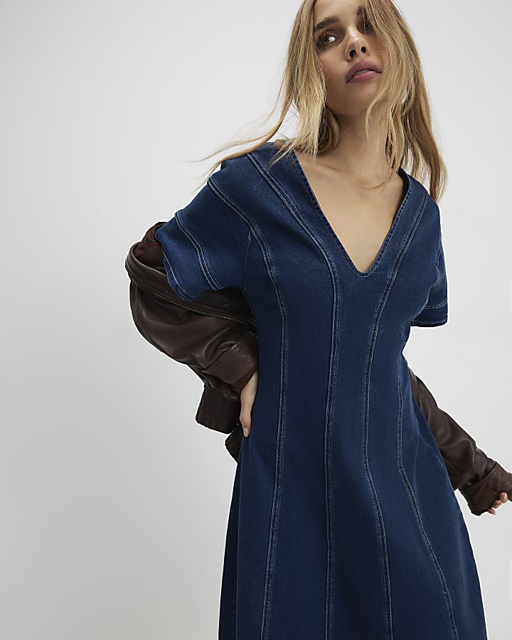 River Island Blue Denim Short Sleeve Seamed Midi Dress