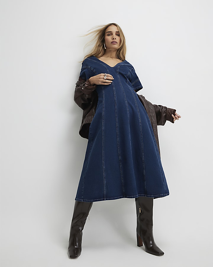 River Island Blue Denim Short Sleeve Seamed Midi Dress