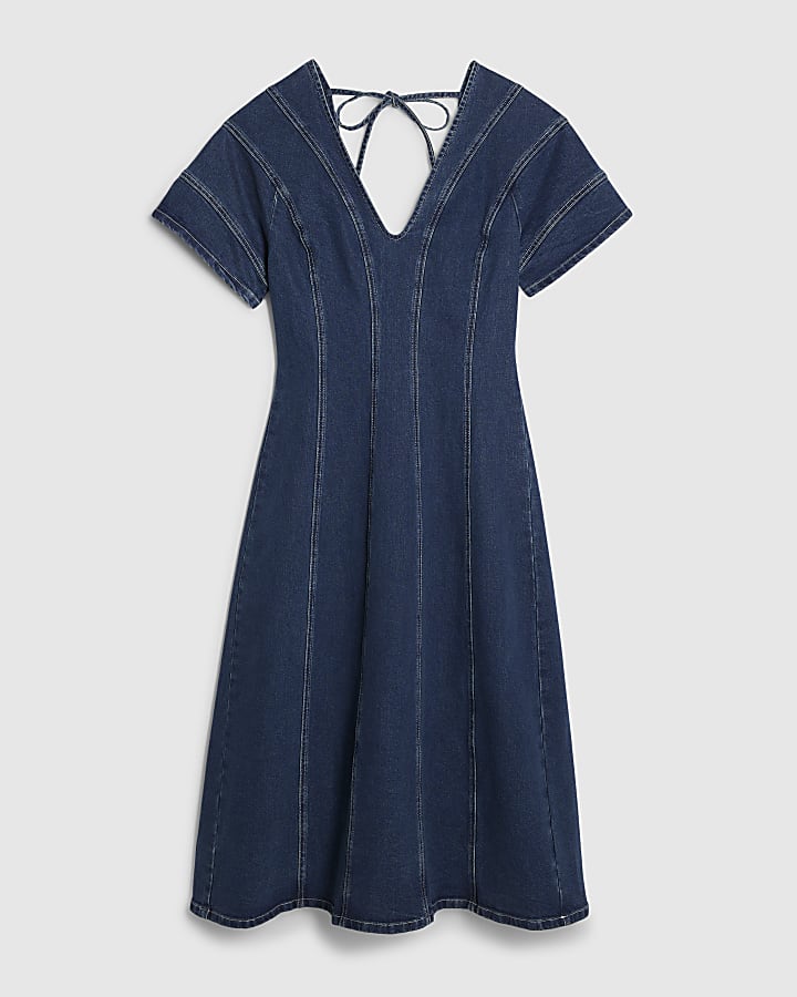 river island Blue Denim Short Sleeve Seamed Midi Dress