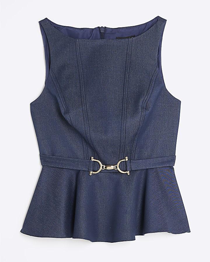 river island Blue Denim Sleeveless Belted Peplum Top