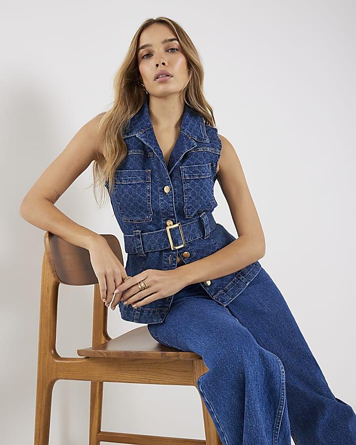 River Island Blue Denim Sleeveless Monogram Belted Top