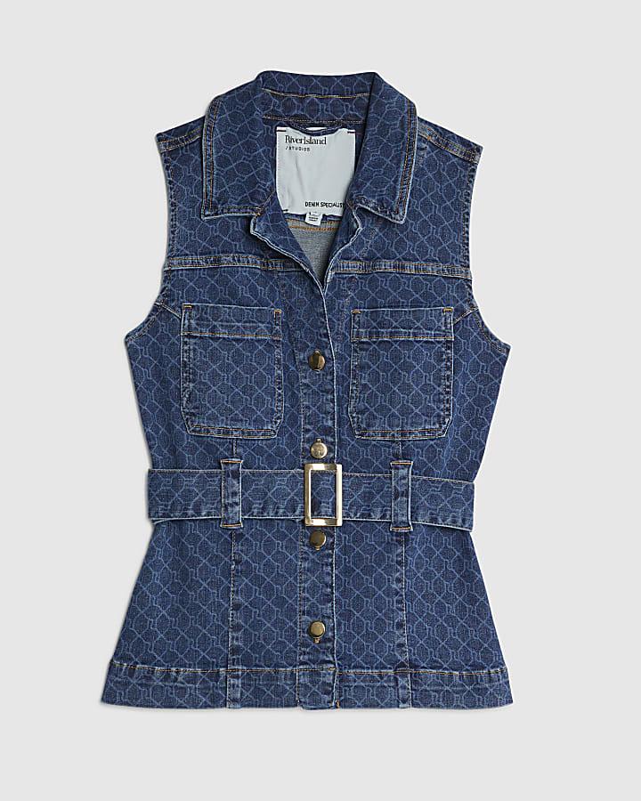 river island Blue Denim Sleeveless Monogram Belted Top