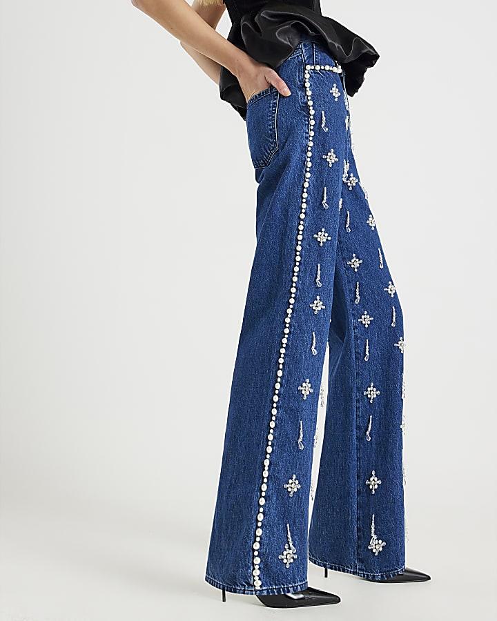 River Island Blue Embellished Relaxed Straight Leg Jeans
