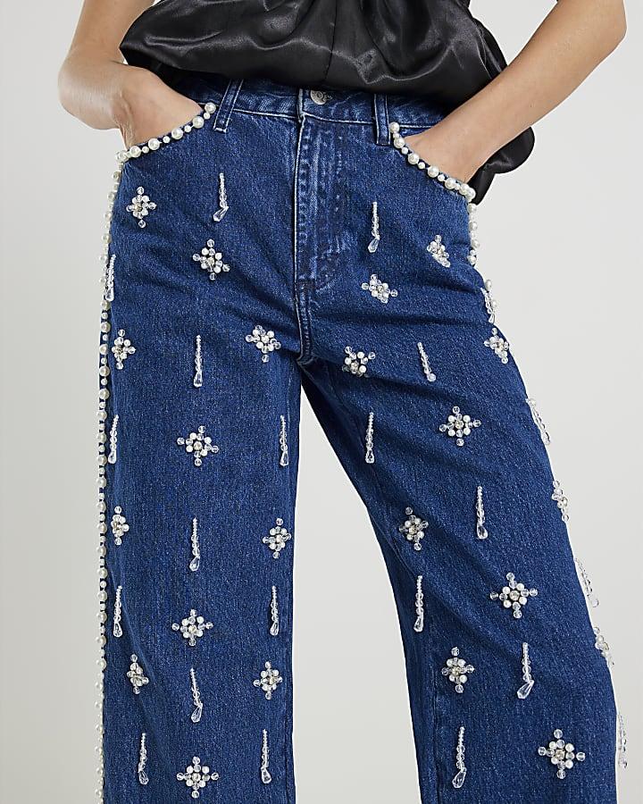 River Island Blue Embellished Relaxed Straight Leg Jeans