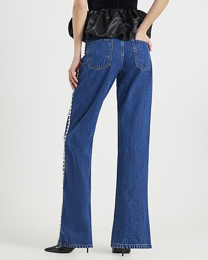 River Island Blue Embellished Relaxed Straight Leg Jeans