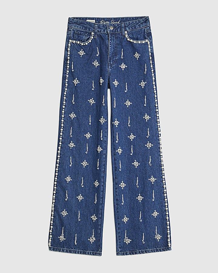 river island Blue Embellished Relaxed Straight Leg Jeans