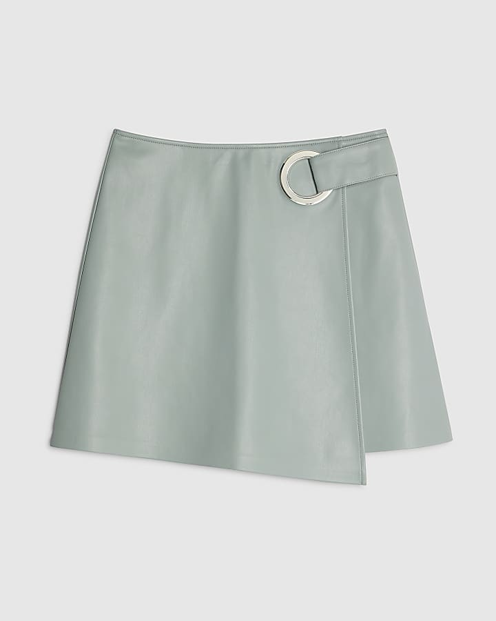river island Blue Faux Leather Eyelet Mini Wrap Skirt