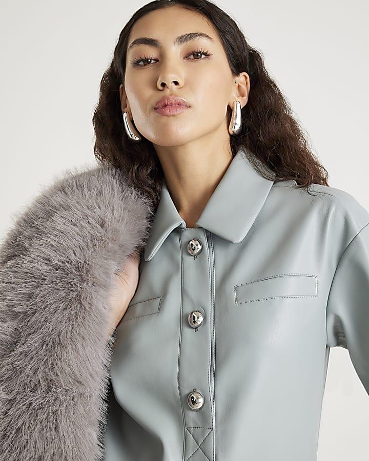 River Island Blue Faux Leather Pocket Detail Shirt Dress