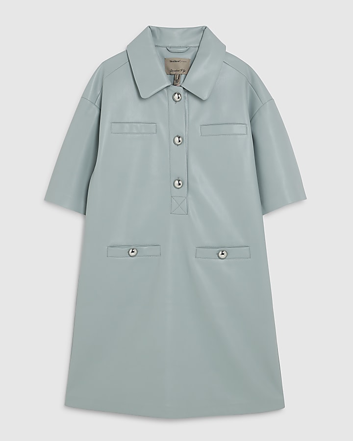 river island Blue Faux leather Pocket Detail Shirt Dress