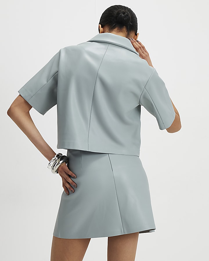 River Island Blue Faux Leather Revere Collar Cropped Shirt