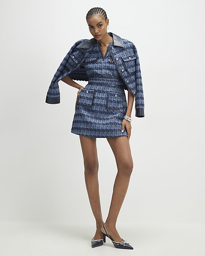 River Island Blue Faux Leather Scallop Boucle Mini Dress