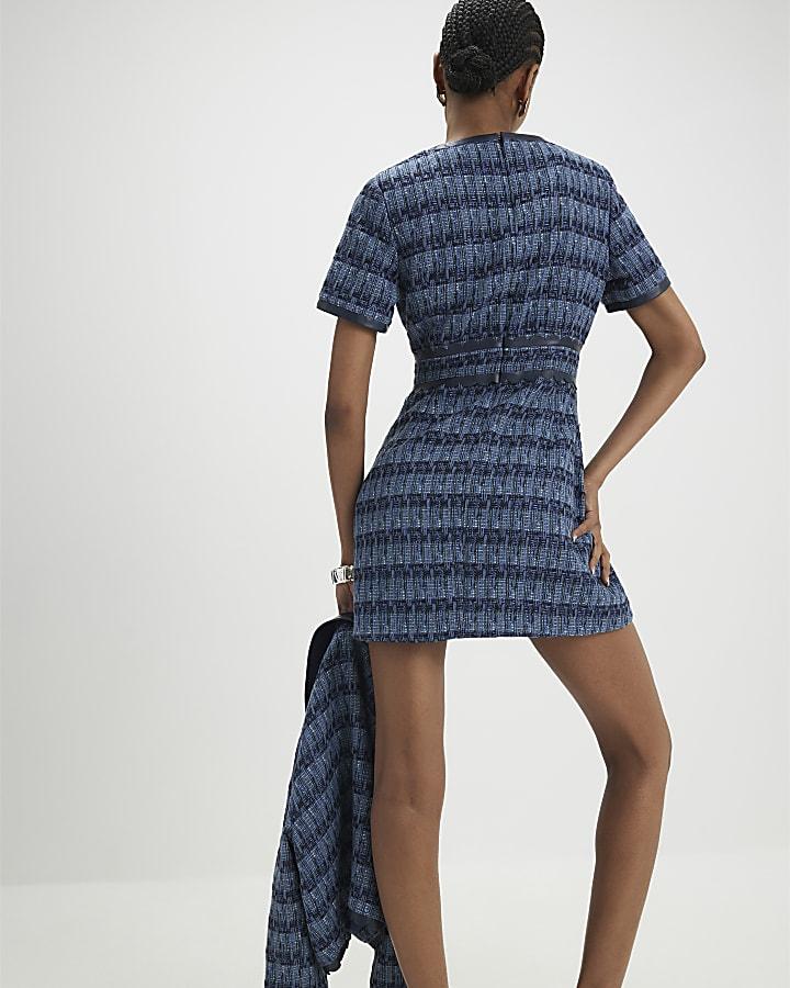 River Island Blue Faux Leather Scallop Boucle Mini Dress