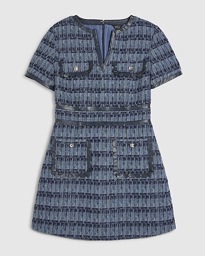 river island Blue Faux Leather Scallop Boucle Mini Dress