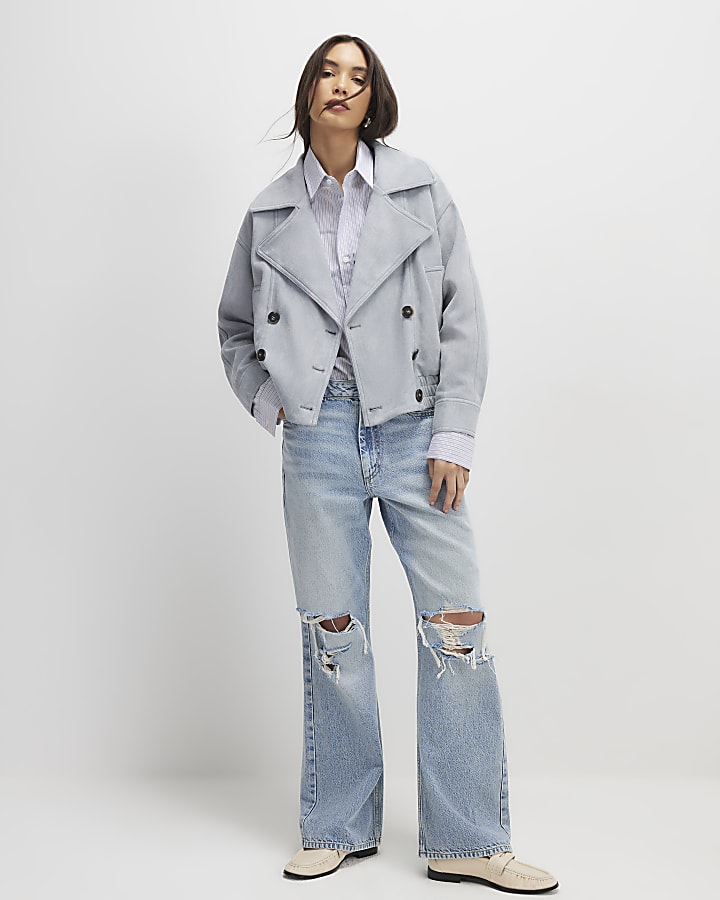 River Island Blue Faux Suede Collared Bomber Jacket