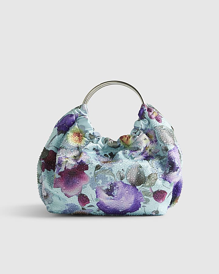 River Island Blue Floral Embellished Grab Top Clutch Bag