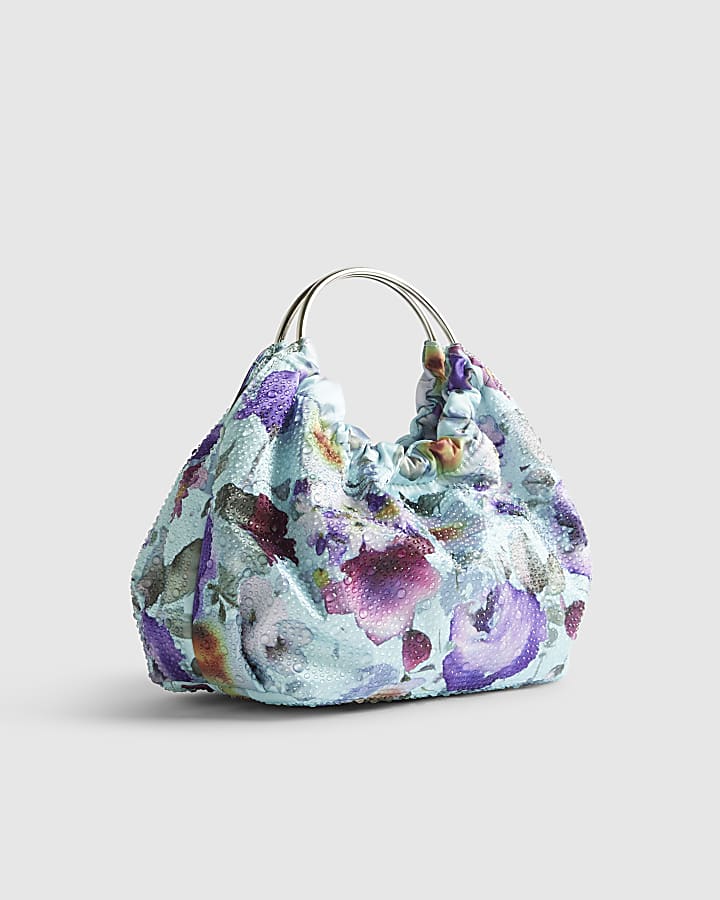 River Island Blue Floral Embellished Grab Top Clutch Bag