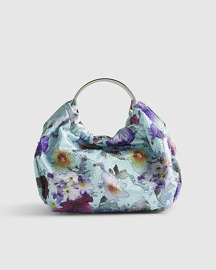 River Island Blue Floral Embellished Grab Top Clutch Bag