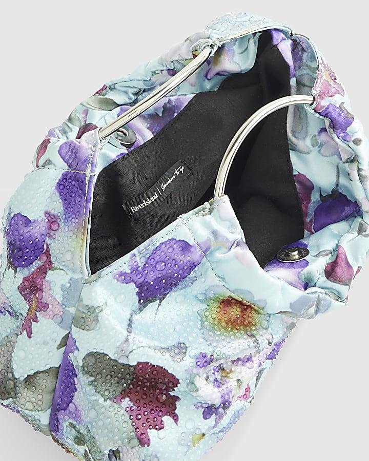 river island Blue Floral Embellished Grab Top Clutch Bag