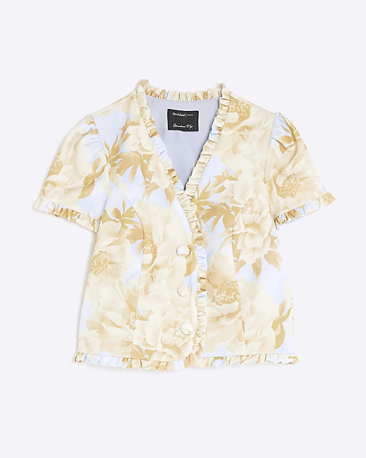 river island Blue Floral Frill Tailored Short Sleeve Top