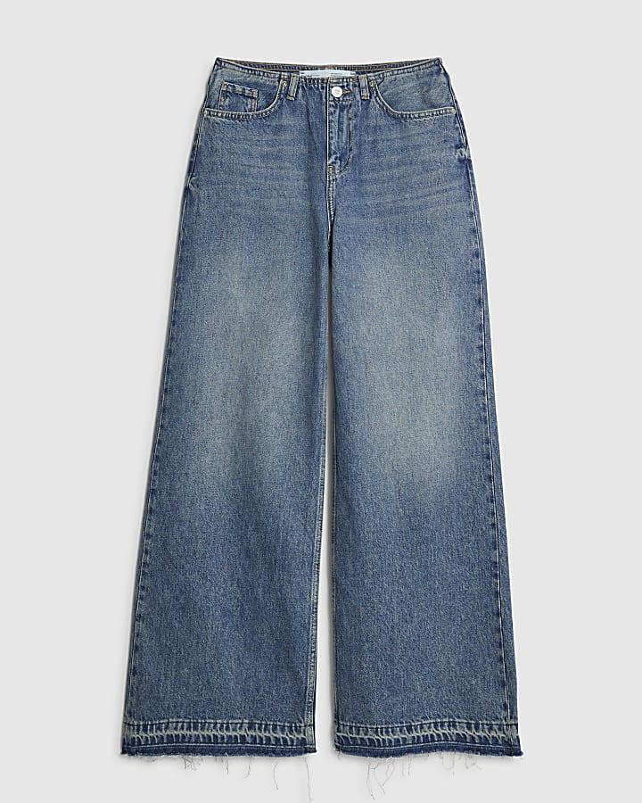 river island Blue High Rise Clean Waistband Wide Leg Jeans