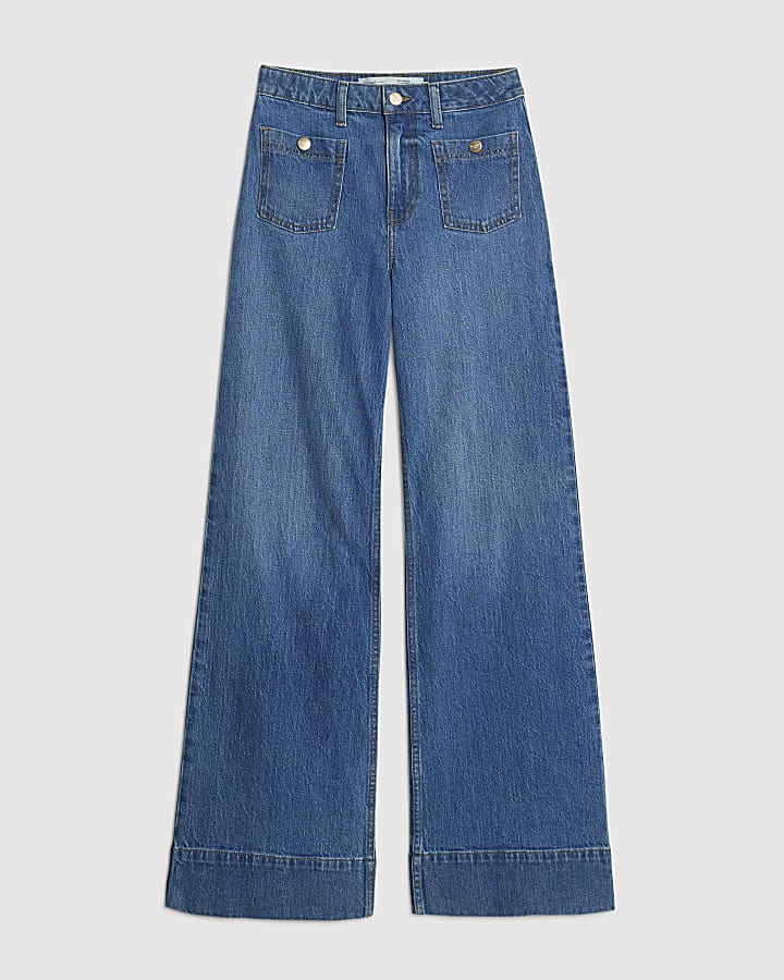 river island Blue High Rise Front Pocket Palazzo Jeans